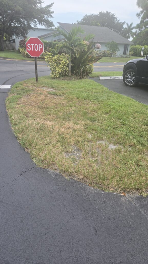 Driving over grass areas and along the curbs can damage our sprinkler system. 